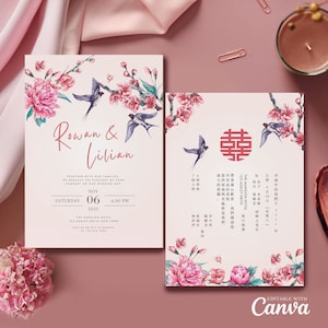 Asiatische Hochzeitseinladung Kartenvorlage, Chinesische Hochzeitseinladung DIY Printable Double Happiness 结婚请柬 Blush Pink Love Bird Cherry Blossom