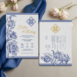 Blauwe Chinoiserie Chinese bruiloft uitnodiging kaartsjabloon, Aziatische bruiloft uitnodiging DIY afdrukbare dubbel geluk 结婚请柬 Oosters porselein