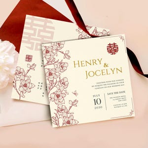Chinese Wedding Invitation with Red Gold Floral with Double Happiness, Asian Chinese Oriental Wedding Card, Classic Chinese Invitation 结婚请柬