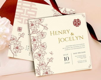 Invitación de boda china en rojo y dorado: Peonía floral, Doble felicidad (Plantilla digital)