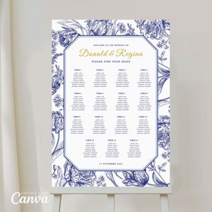 Chinoiserie blauwe bruiloft zitplaatsen grafiek Board sjabloon, Chinese & Vietnamese zitplaatsen toewijzing, oosterse zitplaatsen plan porselein blauwe bloemen