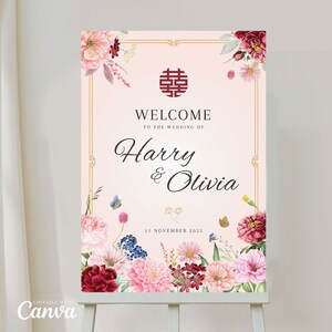 Segno di benvenuto matrimonio asiatico, segno della cerimonia del tè cinese vietnamita, CANVA stampabile fai da te, segno di benvenuto floreale rosa orientale doppia felicità