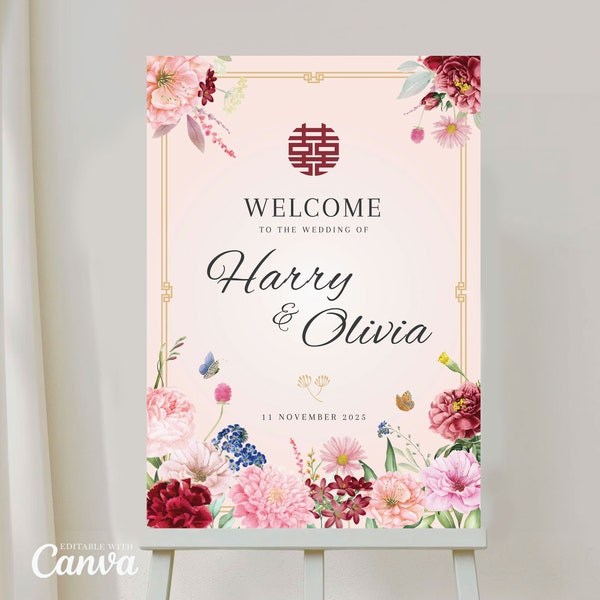 Asian Wedding Welcome Sign, Chinese Vietnamese Tea Ceremony Sign, DIY Printable CANVA, Double Happiness Oriental Pink Floral Welcome Sign