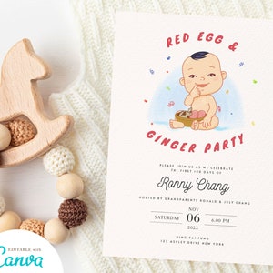 Red Egg Ginger Party Invitation: Chinese Baby Full Moon (DIY Canva