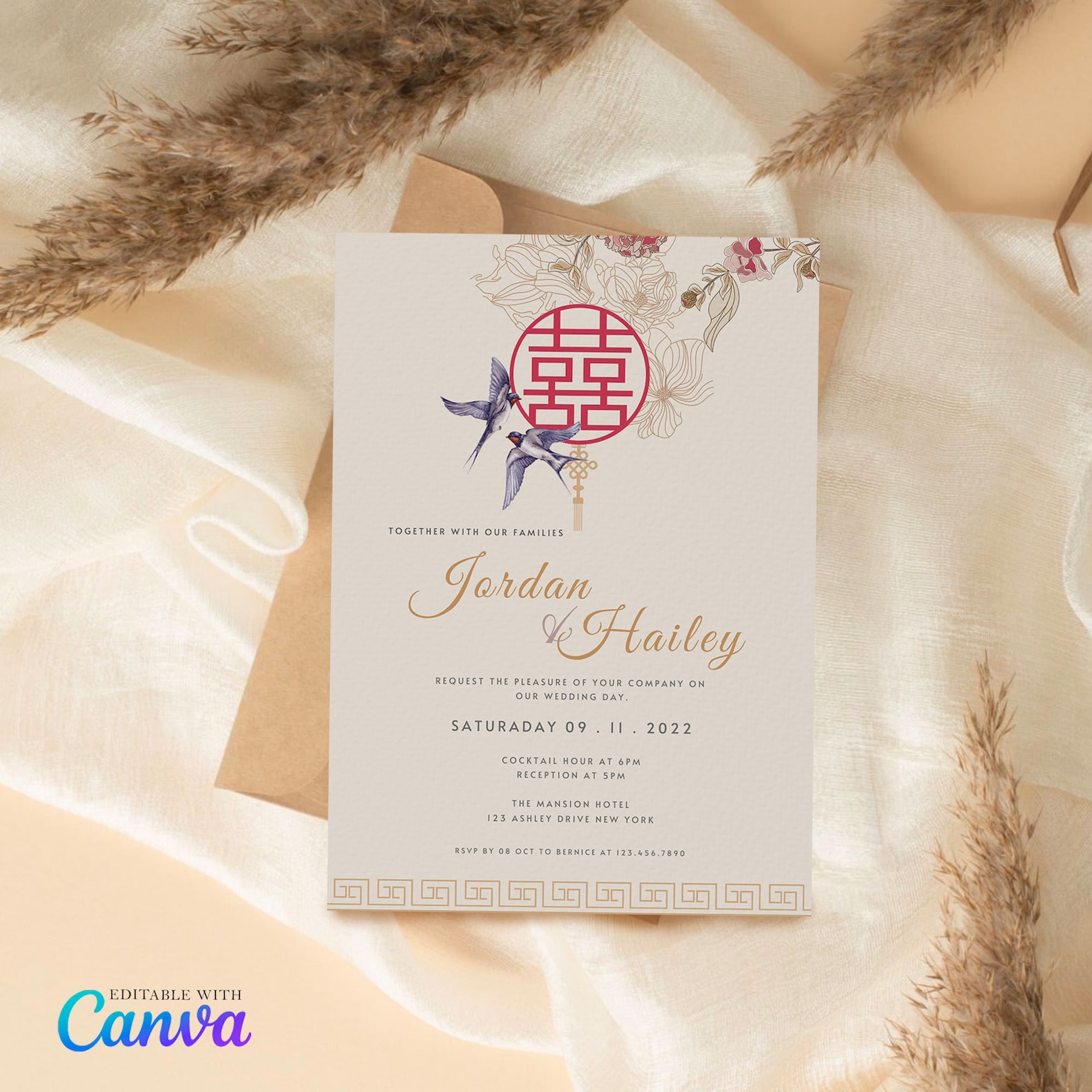 Asian Theme Wedding Invitation Card Template Chinese Wedding Etsy