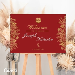 Signo de bienvenida de boda china oriental, signo de ceremonia del té vietnamita, doble felicidad asiática oro rojo floral DIY Canva imprimible