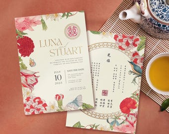 Vintage Red Floral Chinese Wedding Invitation, Bilingual Canva Watercolor Peony, Editable Asian Wedding Card, Double Happiness 结婚请柬 喜帖