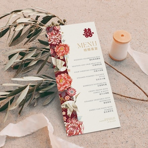 Menu de casamento oriental com modelo de felicidade dupla, menu de casamento asiático bilíngue chinês inglês, menu para impressão floral vermelho com guindastes