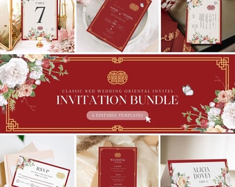 Classic Red Chinese Wedding Invitation Card Template Bundle, Asian Oriental Wedding Invitation Card DIY Printable, Double Happiness 结婚请柬