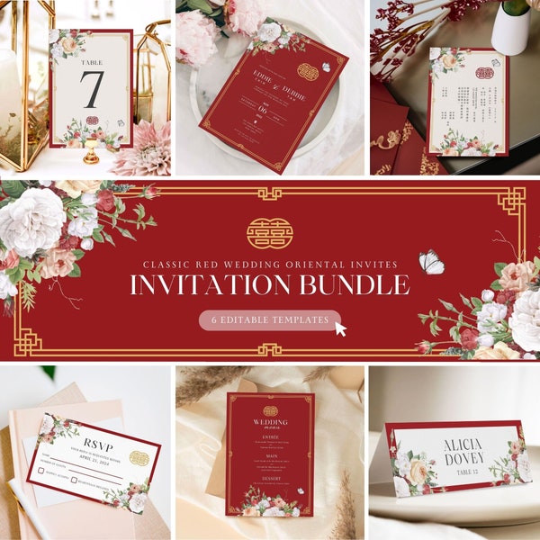 Classic Red Chinese Wedding Invitation Card Template Bundle, Asian Oriental Wedding Invitation Card DIY Printable, Double Happiness 结婚请柬