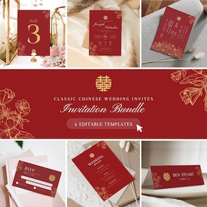 Chinesische Hochzeitseinladungskarte, orientalische minimalistische Hochzeitskarte, goldrote asiatische Hochzeit, Mandarine, Doppelglück