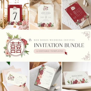 Chinesische Hochzeitseinladungskarte Vorlagen Bundle, Asiatische Hochzeitskarte DIY druckbar, Doppeltes Glück 结婚请柬 Rot Gold Floral Botanisch