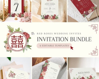 Invitación de boda china con flores rojas: Doble felicidad: ¡DIY, editable! (Descarga digital)