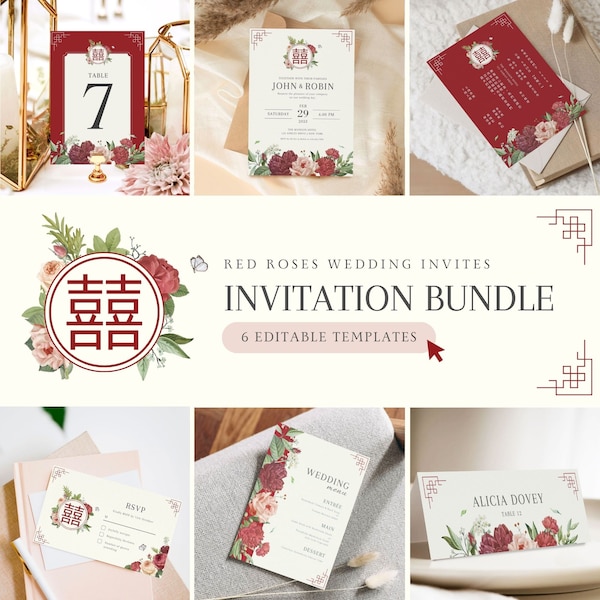 Chinese Wedding Invitation Card Template Bundle, Asian Wedding Card DIY Printable, Double Happiness 结婚请柬 Red Gold Floral Botanical