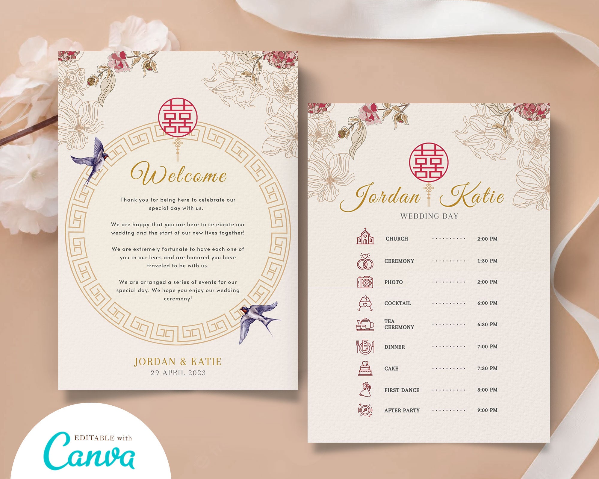 Chinese Wedding Timeline Template, Vietnamese Wedding Itinerary Tea Ceremony, Chinese Wedding Program Oriental Instant Printable