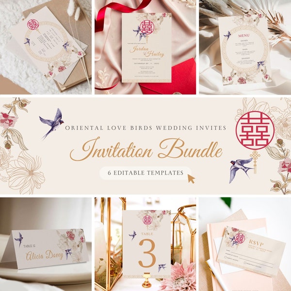 Asian Theme Wedding Invitation Card Bundle, Chinese Wedding Card Printable Double Happiness 结婚请柬 Minimalist Love Bird Floral Wedding