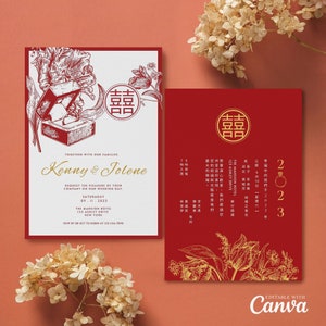 Plantilla de tarjeta de invitación de boda china, tarjeta de boda asiática DIY imprimible doble felicidad 结婚请柬 Boda floral de oro rojo oriental