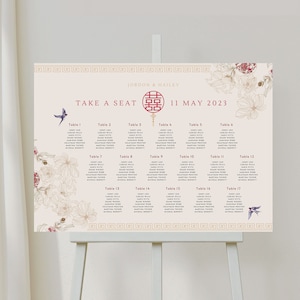 Modello per tabellone per grafici dei posti a sedere per matrimoni a tema asiatico per tabella di assegnazione dei posti a sedere cinesi, vietnamiti e orientali stampabile Canva Double Happiness