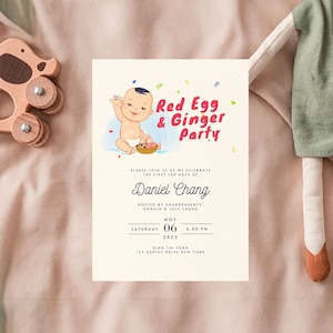 Tarjeta de invitación para fiesta de huevo rojo y jengibre / DIY editable e imprimible con Canva / Fiesta de luna llena de bebé chino asiático para celebración de 100 días