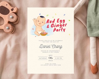 Red Egg Ginger Party Invitation: Chinese Baby Full Moon, 100 Days