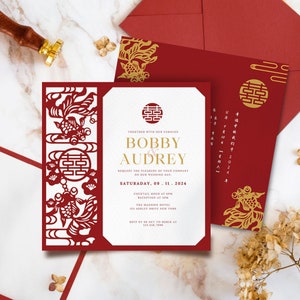 Chinoiserie Hochzeitseinladungskartenschablone mit orientalischen Papierschnittfischen, asiatische chinesische Rotgoldhochzeit doppeltes Glück minimalistisch 结婚请柬