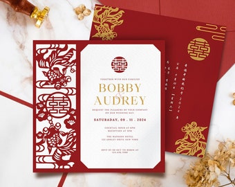 May include: Red and gold wedding invitation with a traditional Chinese double happiness symbol and a gold fish design. The invitation reads "Together with our families, Bobby & Audrey, request the pleasure of your company on our wedding day. Saturday, 09.11.2024, Cocktail hour at 6pm, Reception at 7pm, The Mansion Hotel, 123 Ashley Drive New York, RSVP by 04 Oct to Robin at 123,456,789."