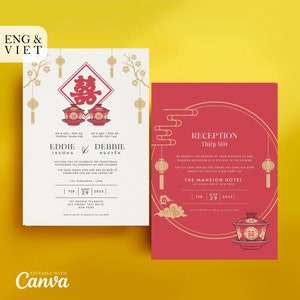 Vietnamesische Tee-Zeremonie-Hochzeitseinladungskarte, Thiep Cuoi, asiatische Hochzeitseinladung Orientalisches doppeltes Glück Amerikanisch-Vietnamesisch