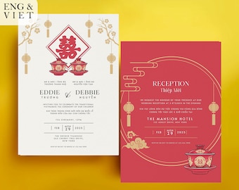 Vietnamese Tea Ceremony Wedding Invitation Card, Thiep Cuoi, Asian Wedding Invitation Oriental Double Happiness American Vietnamese