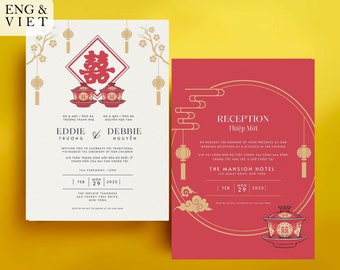 Vietnamese Tea Ceremony Wedding Invitation Card, Thiep Cuoi, Asian Wedding Invitation Oriental Double Happiness American Vietnamese