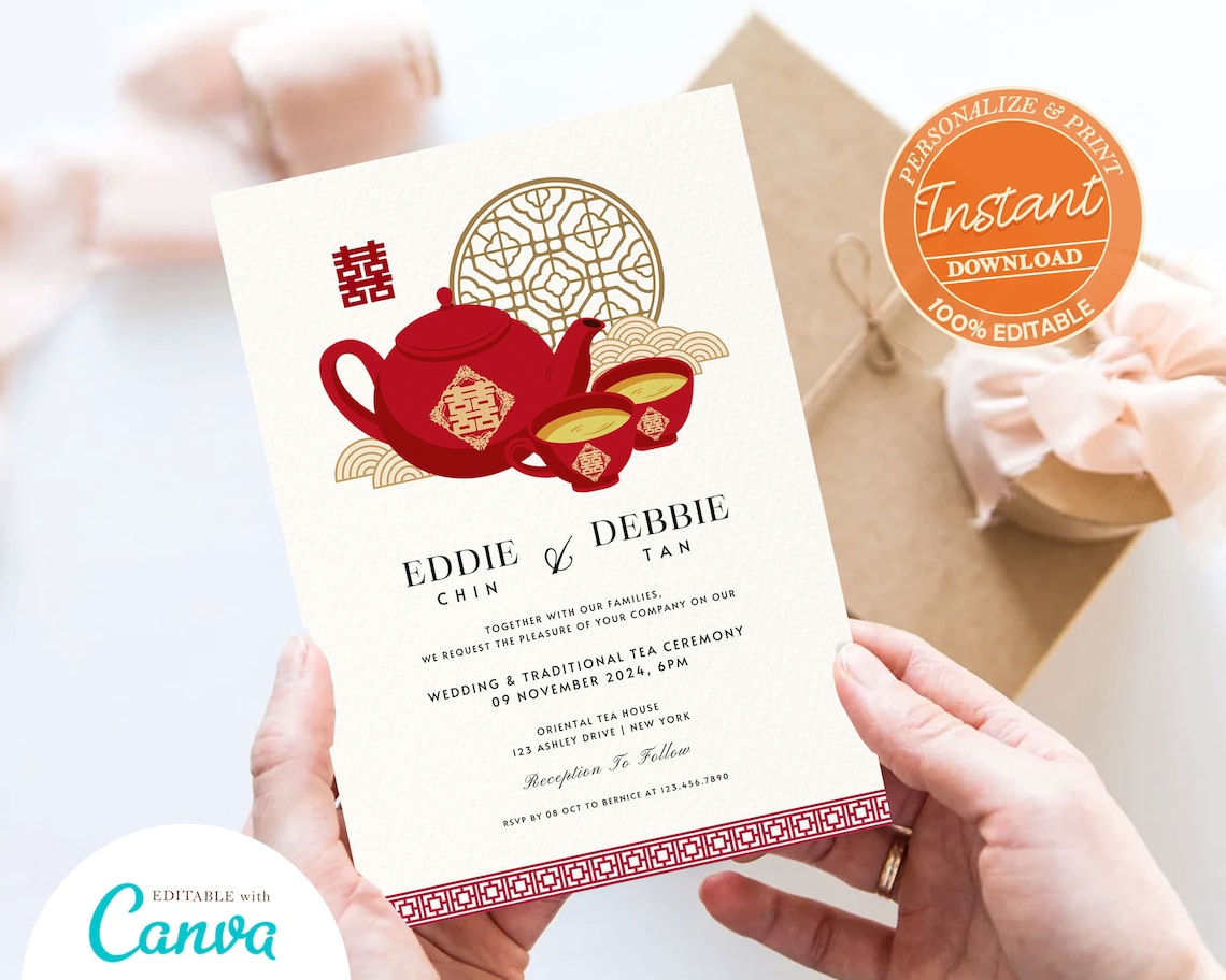 Chinese Tea Ceremony Invitation Card Asian Double Happiness Etsy