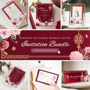 Pacote de modelo de cartão de convite de casamento chinês, cartão de casamento asiático felicidade dupla DIY para impressão 结婚请柬 Floral vermelho borgonha oriental