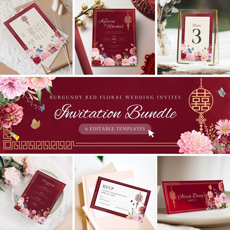 Chinese Wedding Invitation Card Template Bundle, Asian Wedding Card Double Happiness DIY Printable 结婚请柬 Oriental Burgundy Red Floral