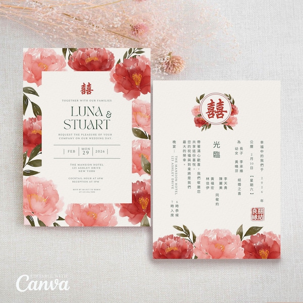 Chinese Wedding Invitation Card Template, Asian Wedding Card Double Happiness 结婚请柬 DIY Printable Oriental Red Watercolor Floral