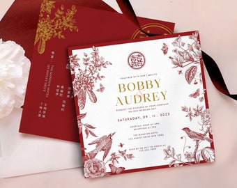Chinoiserie Wedding Invitation Template: Red Gold Love Birds For Chinese Wedding (Digital Download)