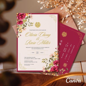 Chinesische Hochzeitseinladungskarte Vorlage, Asiatische Hochzeitskarte Doppeltes Glück ♥婚请tims DIY Printable Orientalisches Burgunderrotes Aquarell Blumen