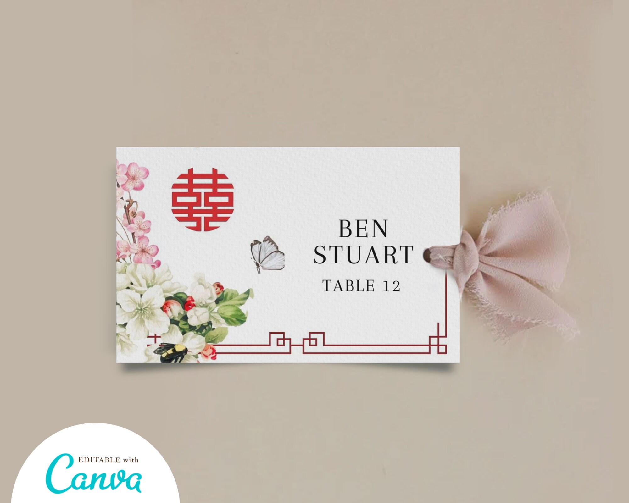 Asian Place Card Template, Printable Chinese Wedding Detail Place Card ...