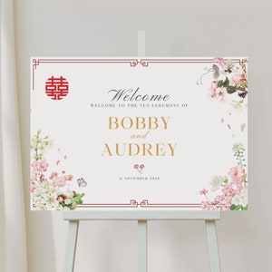 Panneau de bienvenue de mariage chinois, cérémonie du thé vietnamienne, double bonheur rose fleur de cerisier botanique floral, panneau de bienvenue oriental asiatique