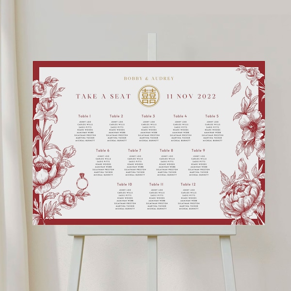 Asian Theme Wedding Seating Chart Board Template for Chinese Vietnamese, Oriental Seating Assignment Chart Printable Canva Double Happiness