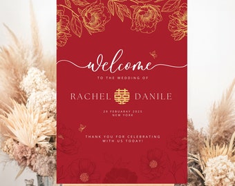 Oriental Chinese Wedding Welcome Sign, Vietnamese Tea Ceremony Sign, Asian Double Happiness Red Gold Floral Butterfly DIY Canva Printable