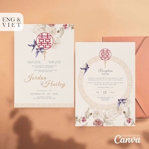 Vietnamesische Hochzeitseinladung Kartenvorlage, Amerikanisch-Vietnamesische Teezeremonie Karte Thiep Cuoi, Dam Hoi, Le Vu Quy, zweisprachige Blumenhochzeit