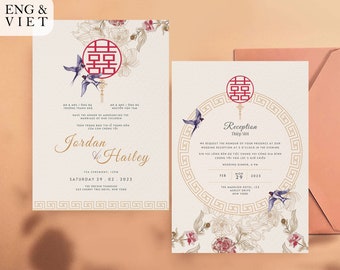Sjabloon Vietnamese huwelijksuitnodiging met tortelduifjes en bloemen: tweetalige theeceremoniekaart voor Aziatische bruiloft (digitale download)