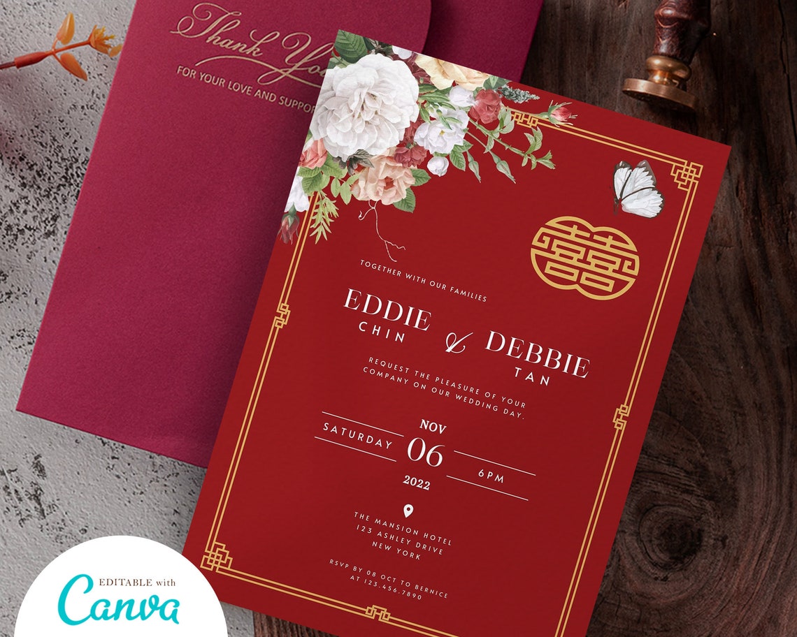 Chinese Wedding Invitation Card Template Asian Wedding Etsy