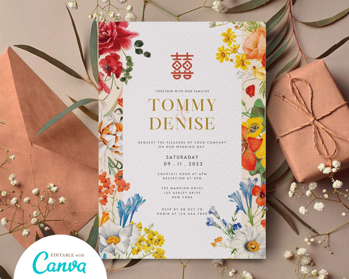 Chinese Wedding Invitation Card Template Canva Printable Etsy Chinese Wedding Invitation Card Template Canva Printable Etsy