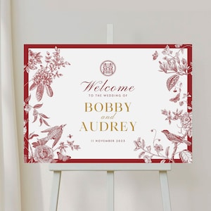 Signo de bienvenida de la boda china, signo de la ceremonia del té vietnamita, CANVA imprimible DIY, signo de bienvenida del pájaro del amor floral de oro rojo de doble felicidad