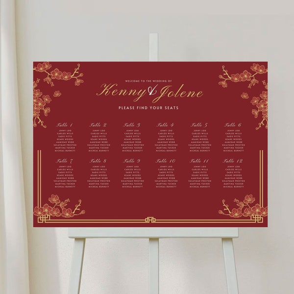 Asian Theme Wedding Seating Chart Board Template, Vietnamese Seating Assignment Chart, DIY Printable Canva, Red Gold Cherry Blossom