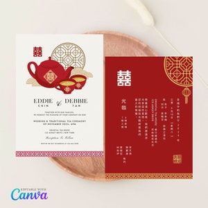 Tarjeta de invitación a la ceremonia del té chino, tradición de boda bilingüe asiática de doble felicidad, tazas de té de tetera oriental de oro rojo editables