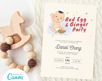 Red Egg Ginger Party Invitation: Chinese Baby Full Moon, 100 Days (DIY  Printable Canva)