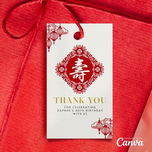 Chinese levensduur bedankkaartje voor verjaardagsfeestje DIY bewerkbaar afdrukbaar met canvas, Oosters bedankje verjaardagsfeestje bedankkaart rood symbool van levensduur