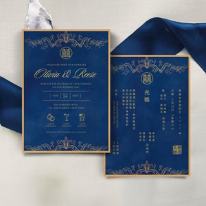 Modèle de faire-part de mariage chinois bleu royal, carte de mariage asiatique minimaliste orientale, double bonheur de mariage victorien bleu or