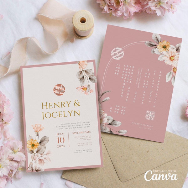 Chinese Wedding Invitation Card Template, Asian Wedding Card Double Happiness 结婚请柬 Dusty Pink Watercolor Floral Oriental Bilingual Invites